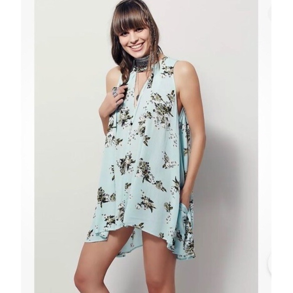 Free People Tree Swing Dress Retro Floral Print Tunic Trapeze Blue Green‎ XS